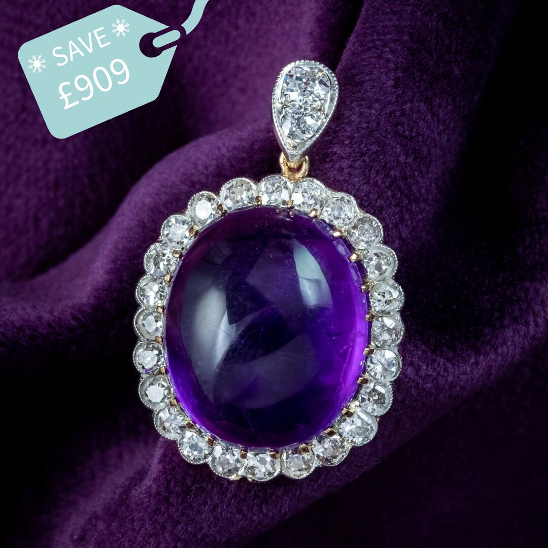 Antique Edwardian Cabochon Amethyst Diamond Pendant 16ct Amethyst