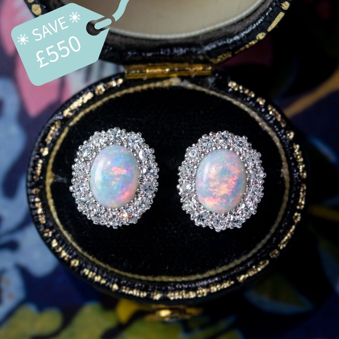Antique Edwardian Cluster Stud Earrings with Diamonds and Opals 18ct Gold