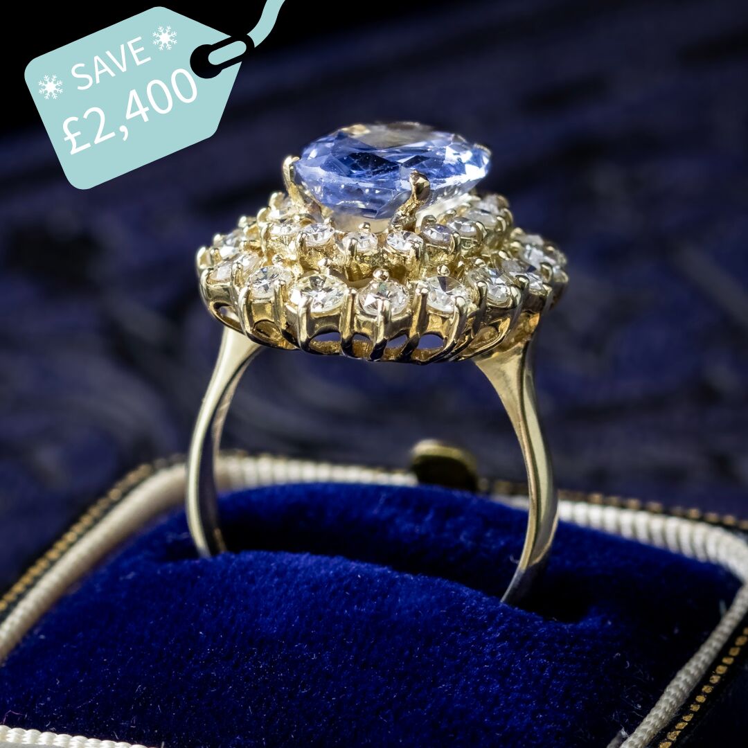 Vintage Ceylon Sapphire Diamond Cluster Ring 4.29ct Sapphire With Cert