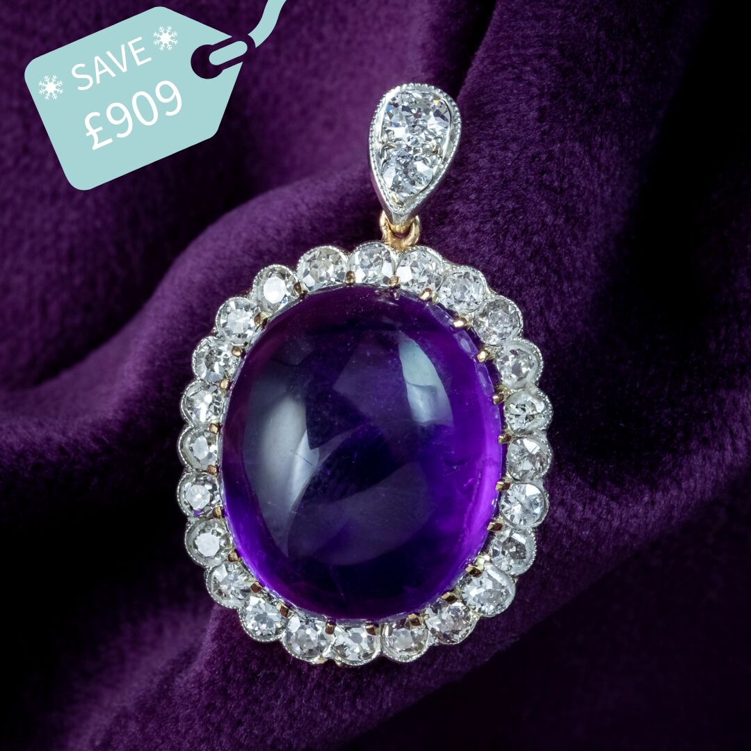 Antique Edwardian Cabochon Amethyst Diamond Pendant 16ct Amethyst