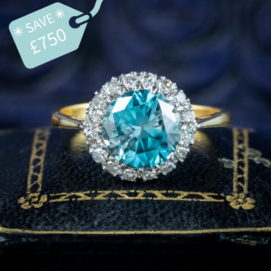 Antique Edwardian Blue Zircon Diamond Cluster Ring 3.2ct Zircon
