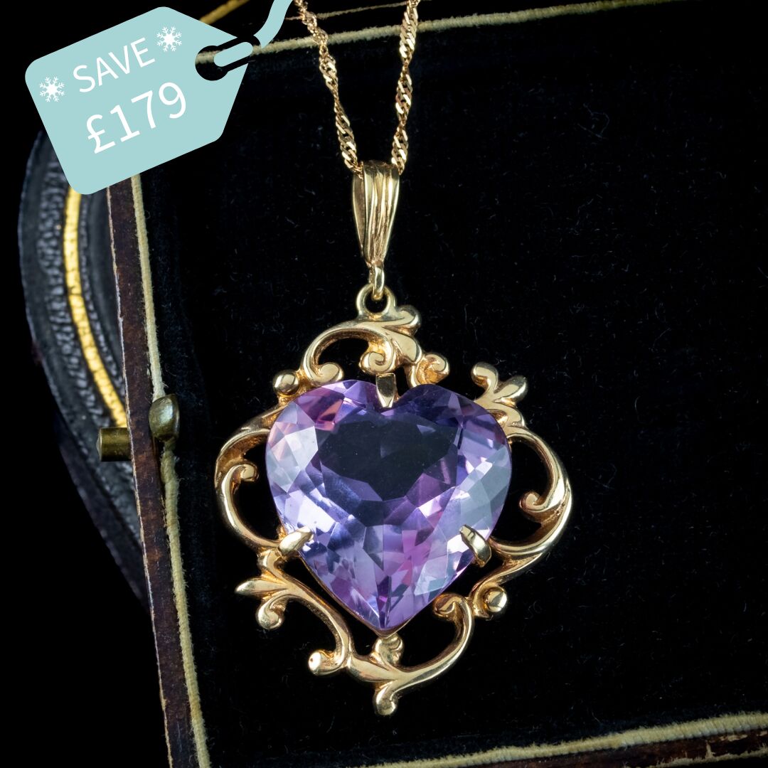 Vintage Amethyst Heart Pendant Necklace 15ct Heart Dated 1975