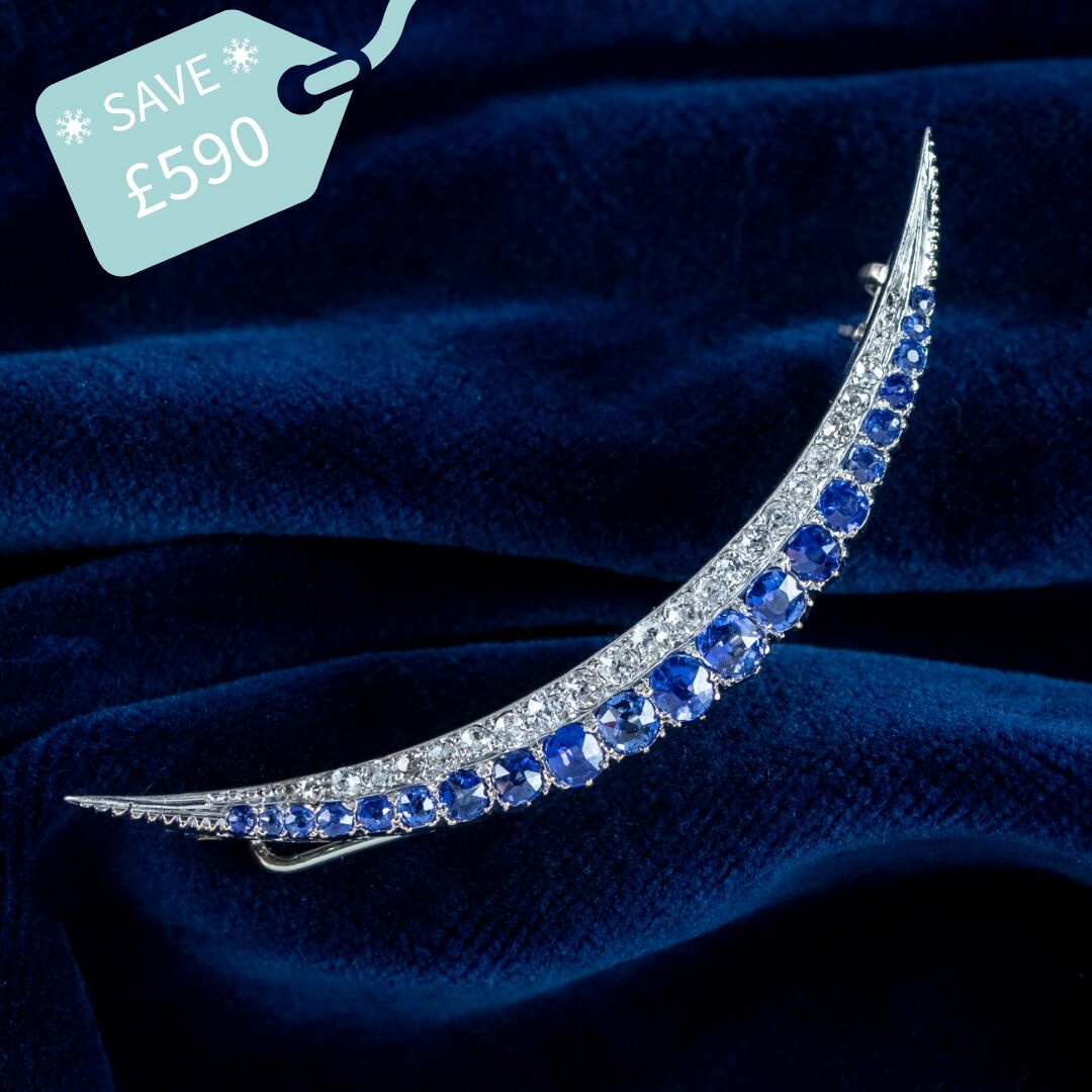 Antique Edwardian Sapphire Diamond Crescent Brooch 18ct Gold