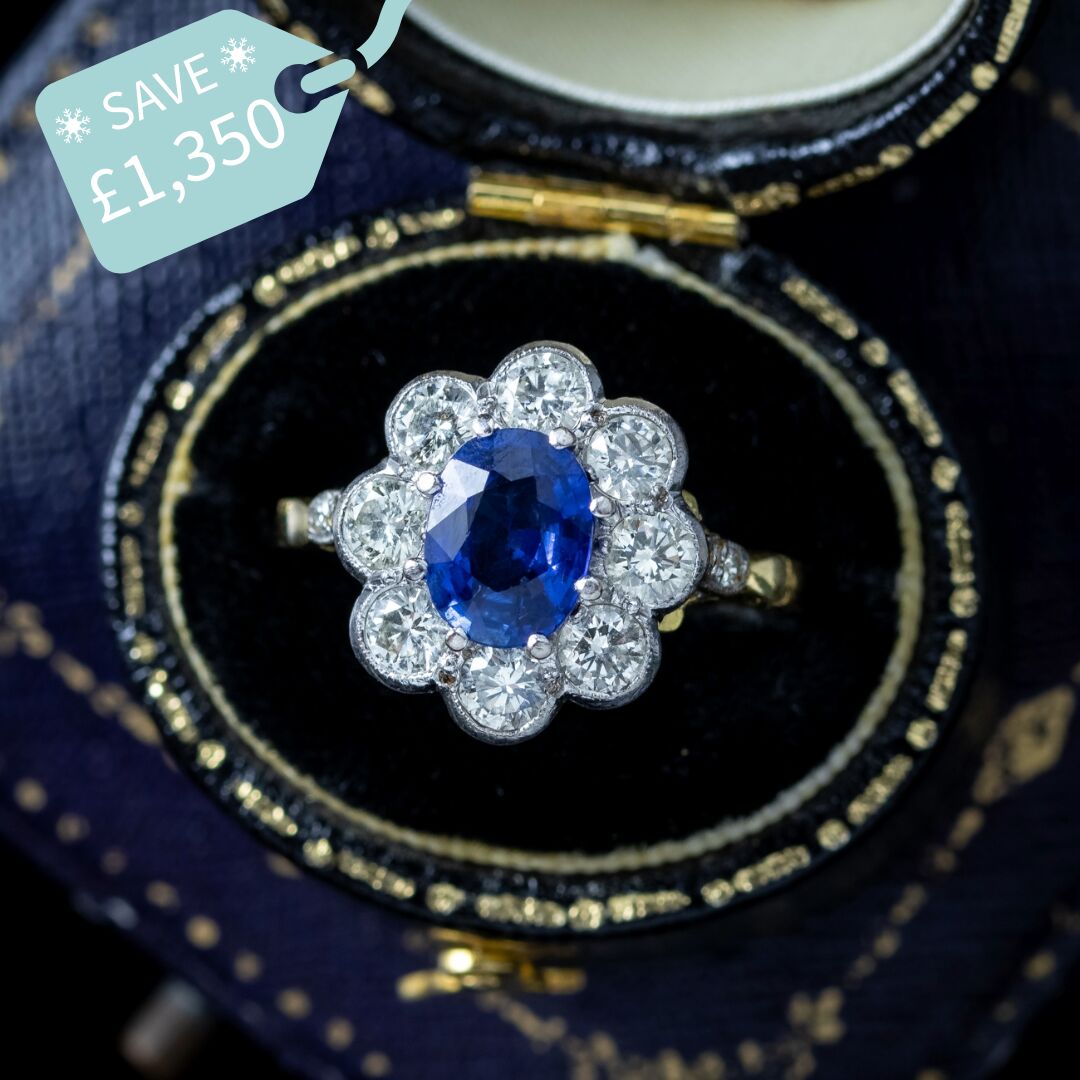 Edwardian Style Sapphire Diamond Daisy Cluster Ring 1.2ct Sapphire