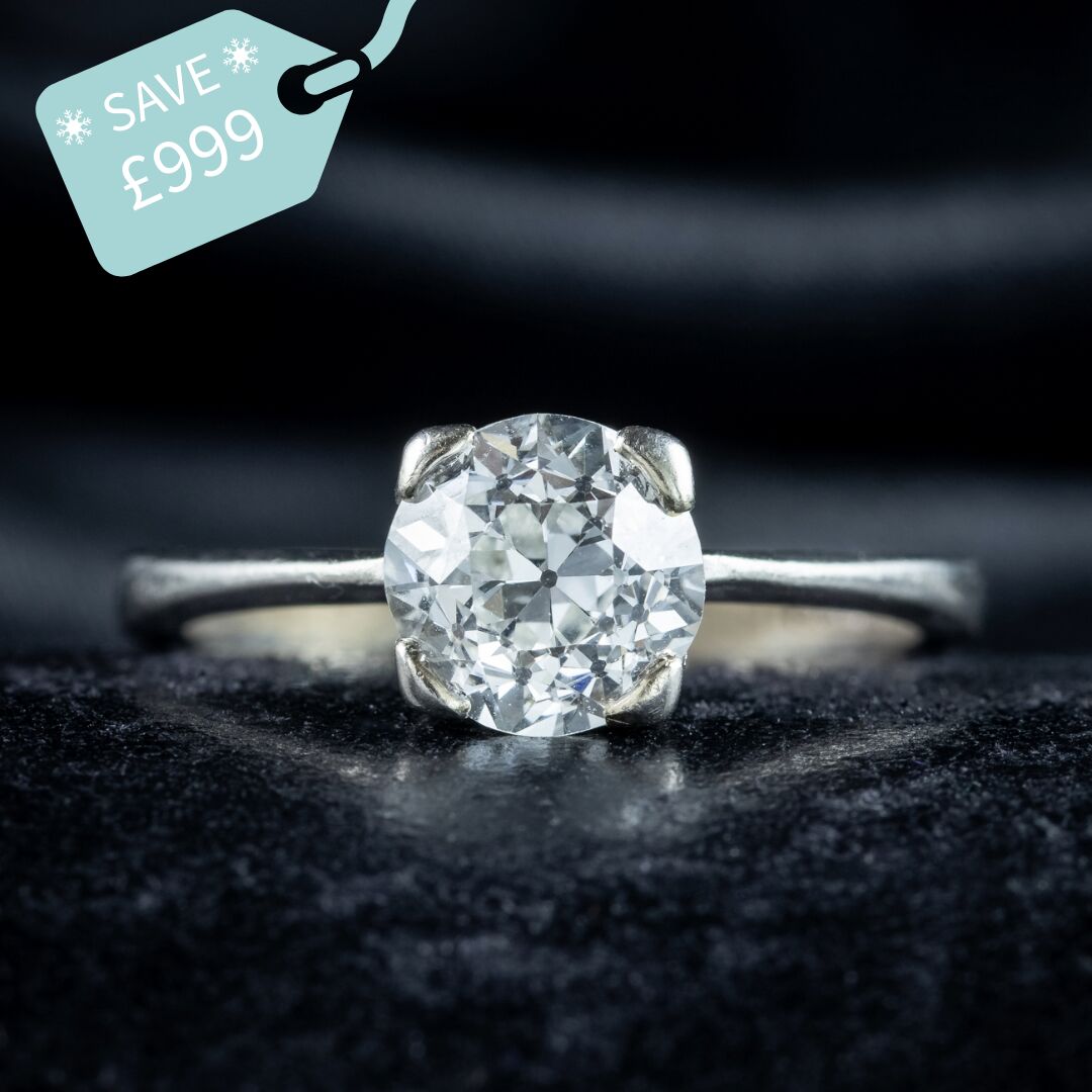 Art Deco Style Diamond Solitaire Ring 1.35ct Old Cut Diamond