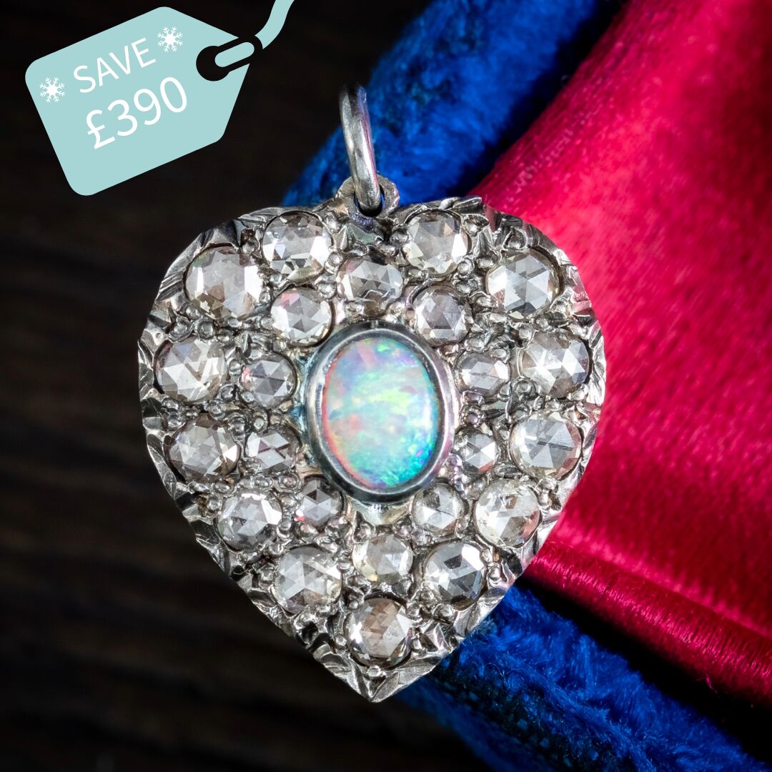 Victorian Style Opal Diamond Heart Pendant Silver 18ct Gold