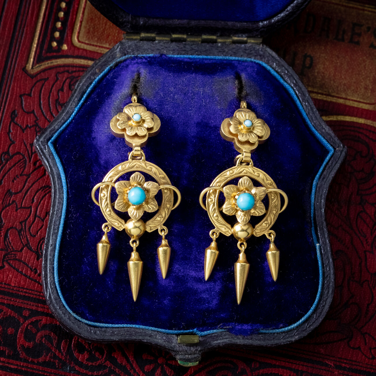 Antique Victorian Turquoise Forget Me Not Drop Earrings 18ct Gold