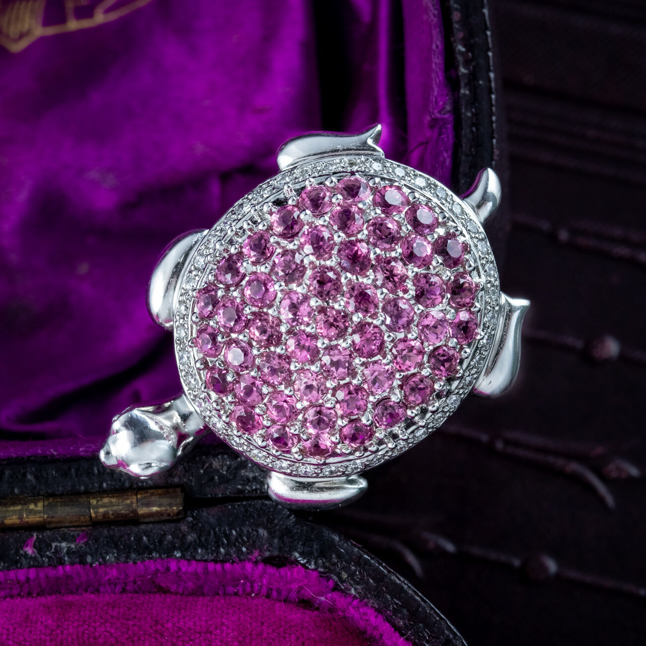 Vintage Pink Tourmaline Diamond Turtle Brooch 18ct Gold