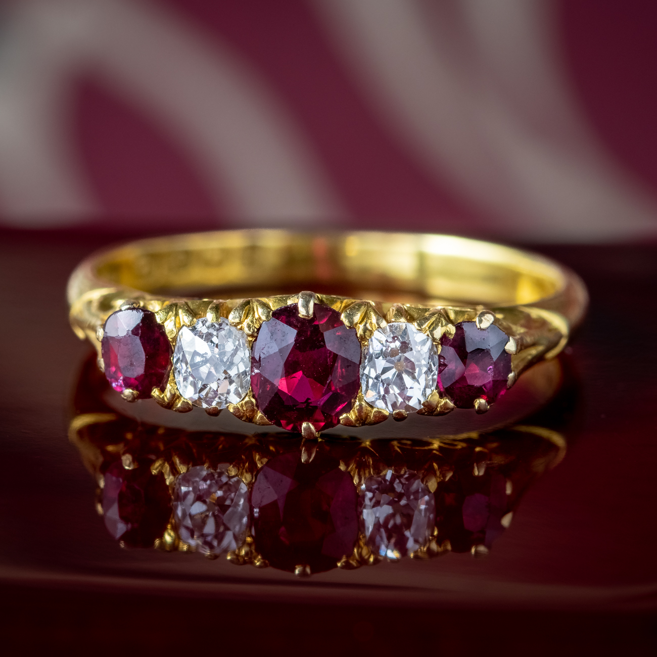 Antique Edwardian Ruby Diamond Five Stone Ring Dated 1904