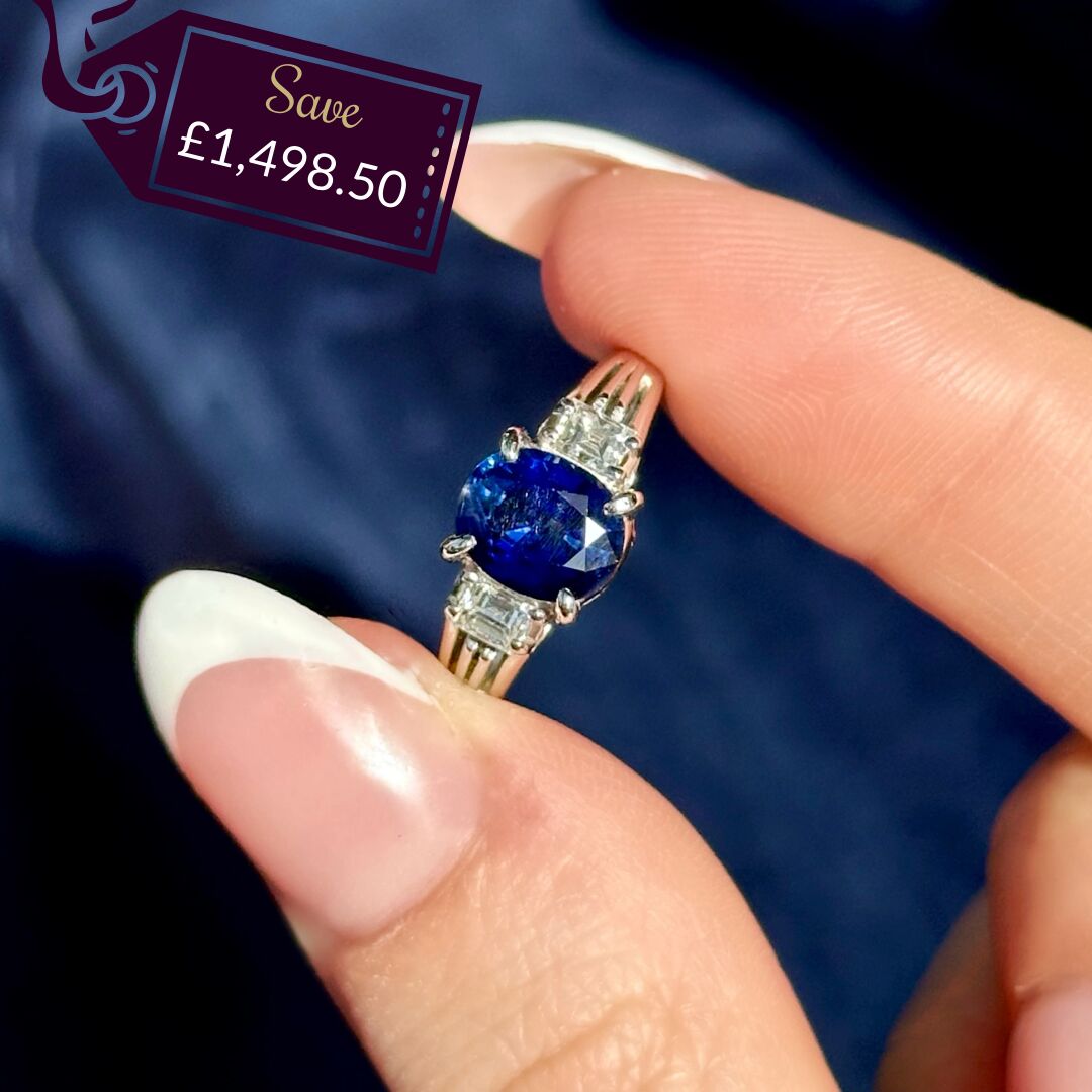 Edwardian Style Sapphire Diamond Trilogy Ring 1.65ct Sapphire