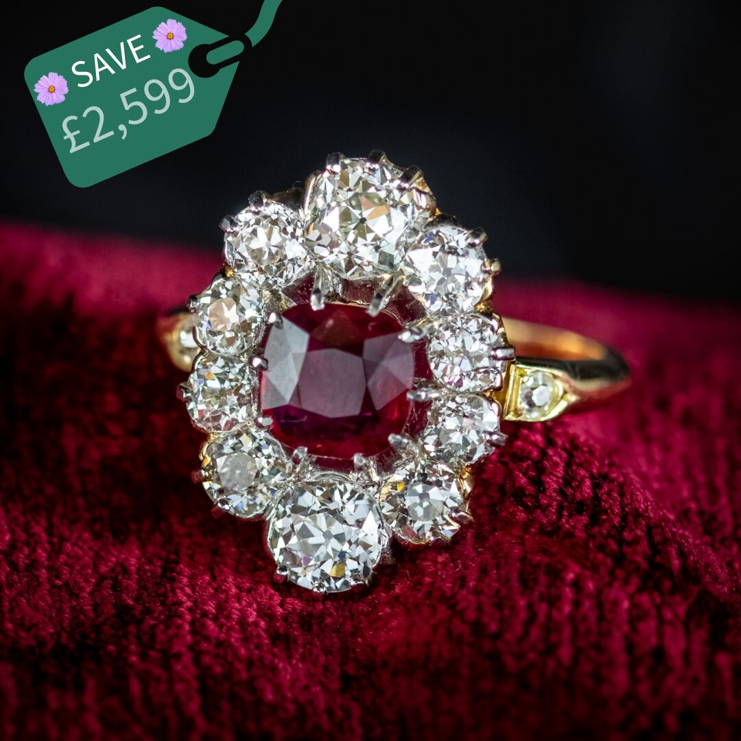 Antique Victorian Ruby Diamond Cluster Ring 1.15ct Ruby With Cert