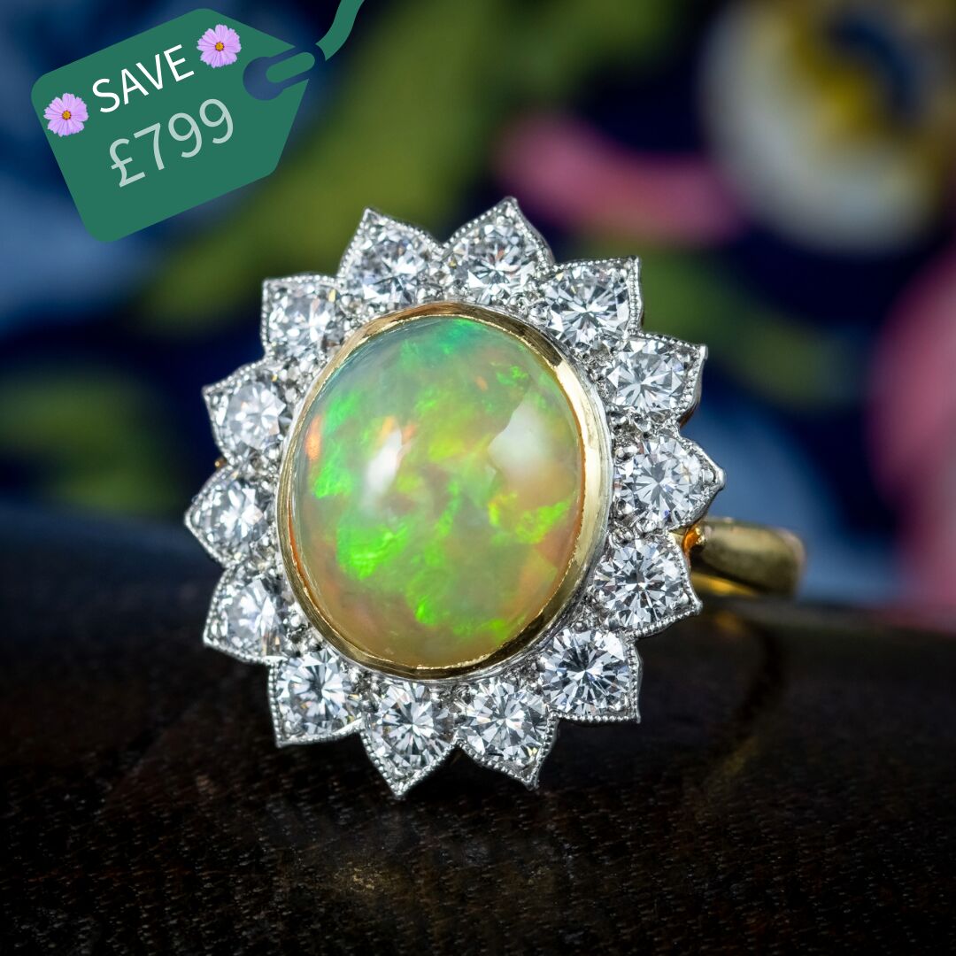 Edwardian Style Opal Diamond Flower Cluster Ring 3.1ct Opal