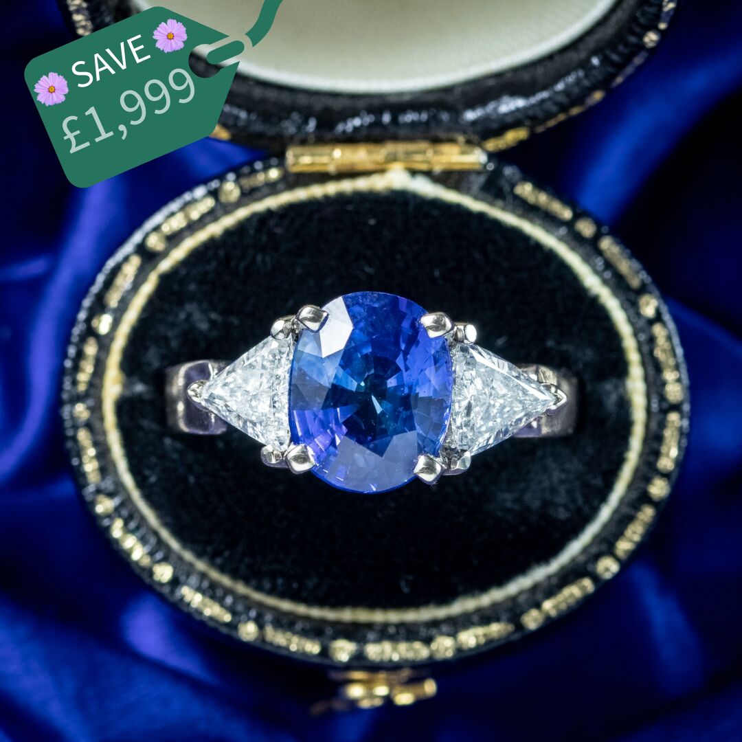 Art Deco Style Sapphire Diamond Trilogy Ring 3.7ct Sapphire With Cert