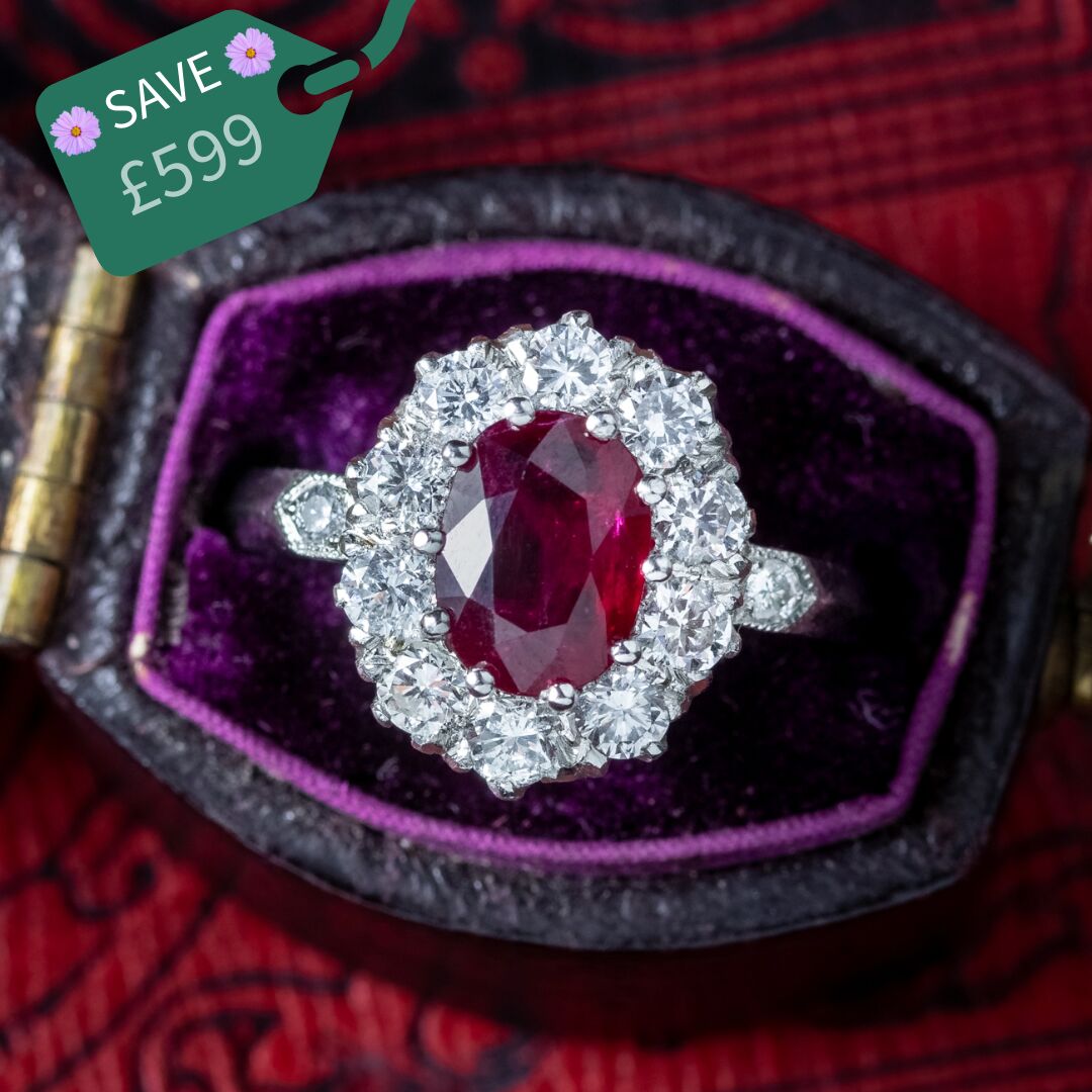 Edwardian Style Ruby Diamond Cluster Ring 1.5ct Ruby