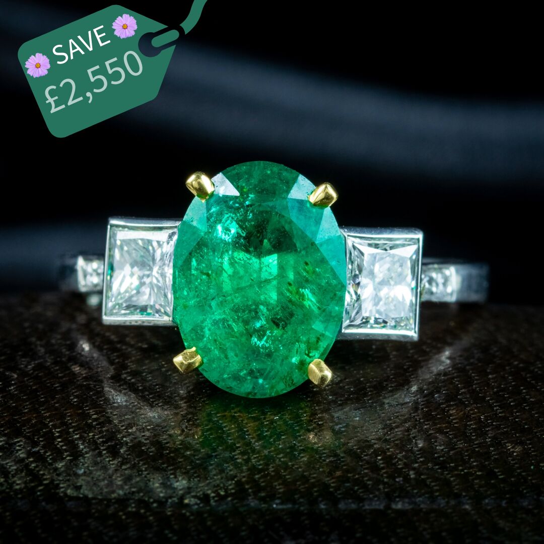 Art Deco Style Emerald Diamond Trilogy Ring 2.51ct Emerald With Cert