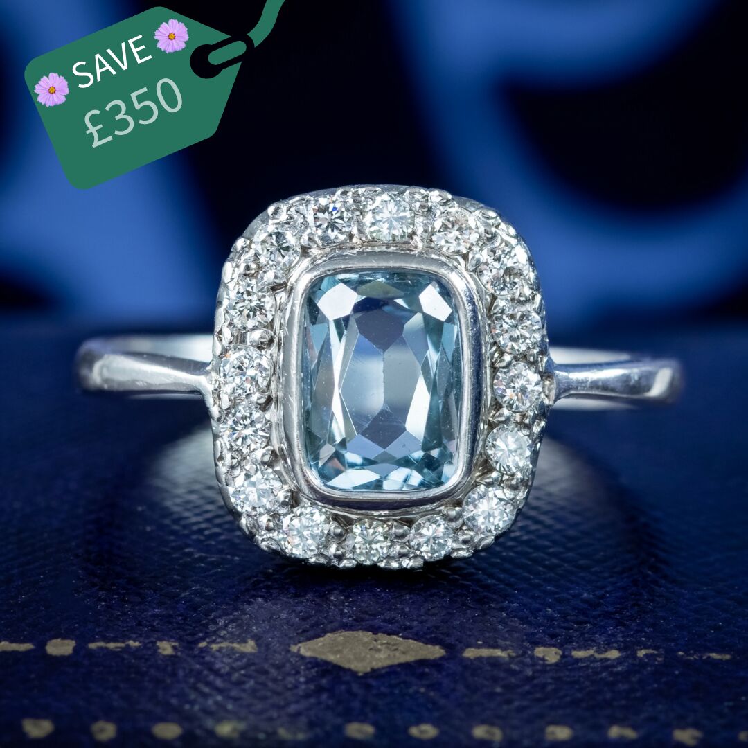 Antique Edwardian Aquamarine Diamond Cluster Ring 1.3ct Aqua