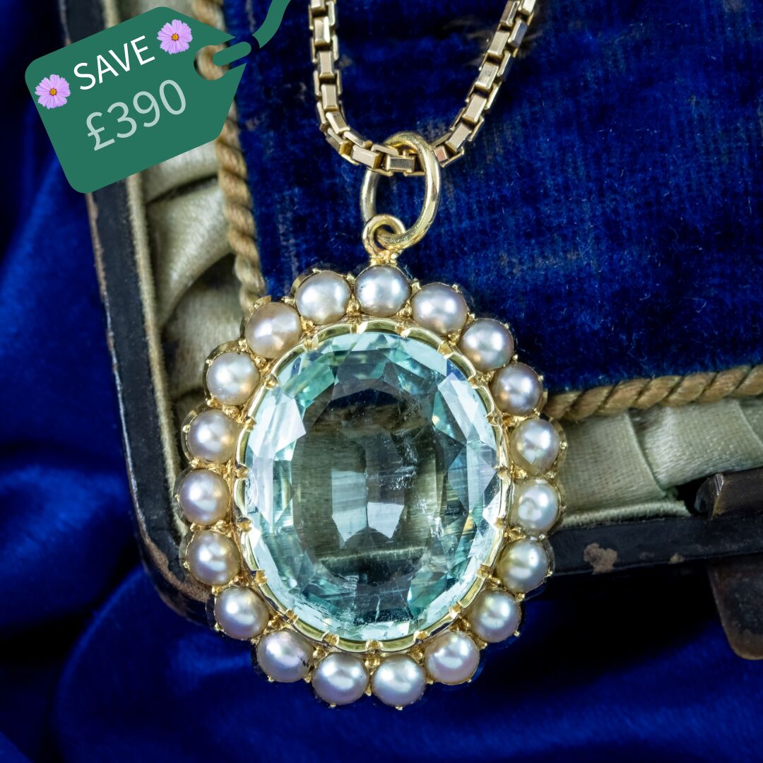 Antique Victorian Aquamarine Pearl Pendant Necklace 12ct Aqua