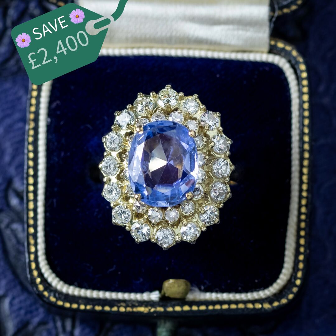 Vintage Ceylon Sapphire Diamond Cluster Ring 4.29ct Sapphire With Cert