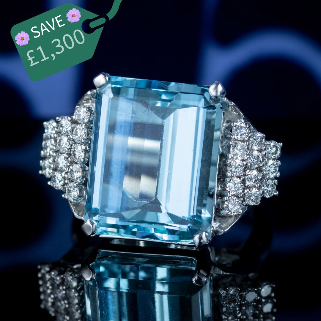 Vintage Aquamarine Diamond Cocktail Ring 15ct Aqua