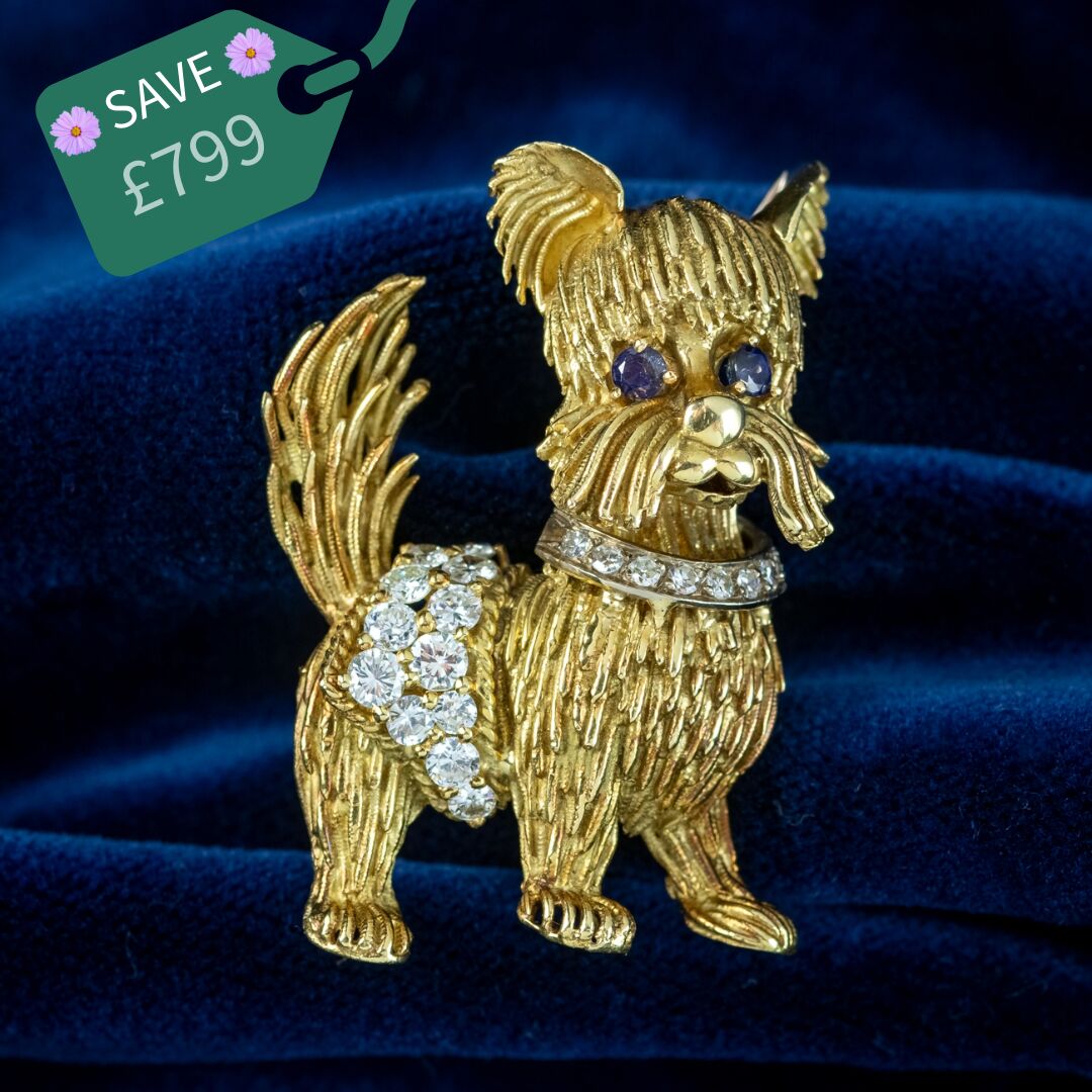 Vintage Diamond Sapphire Dog Brooch 18ct Gold Dated 1964