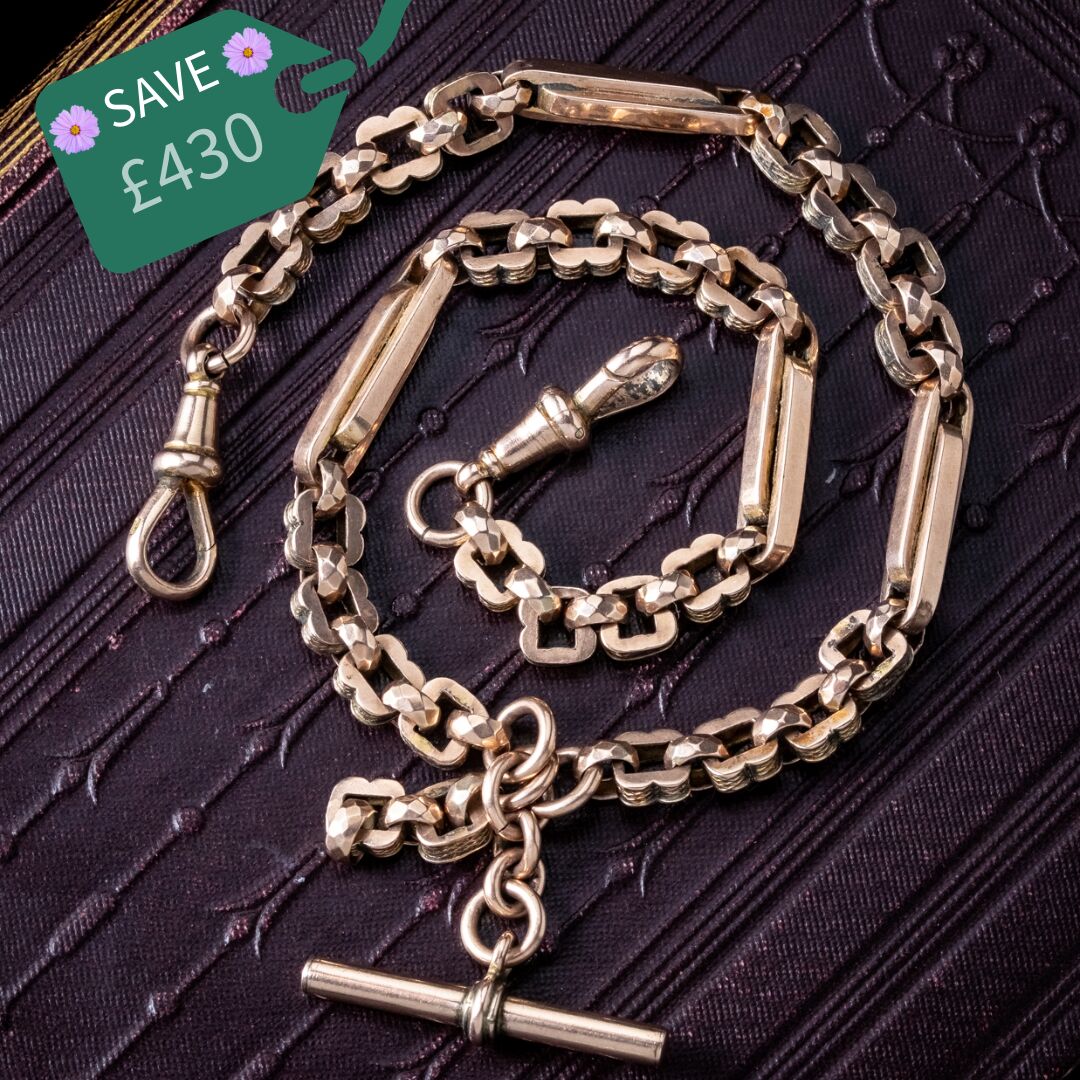 Antique Edwardian Albert Chain 9ct Gold With T-Bar