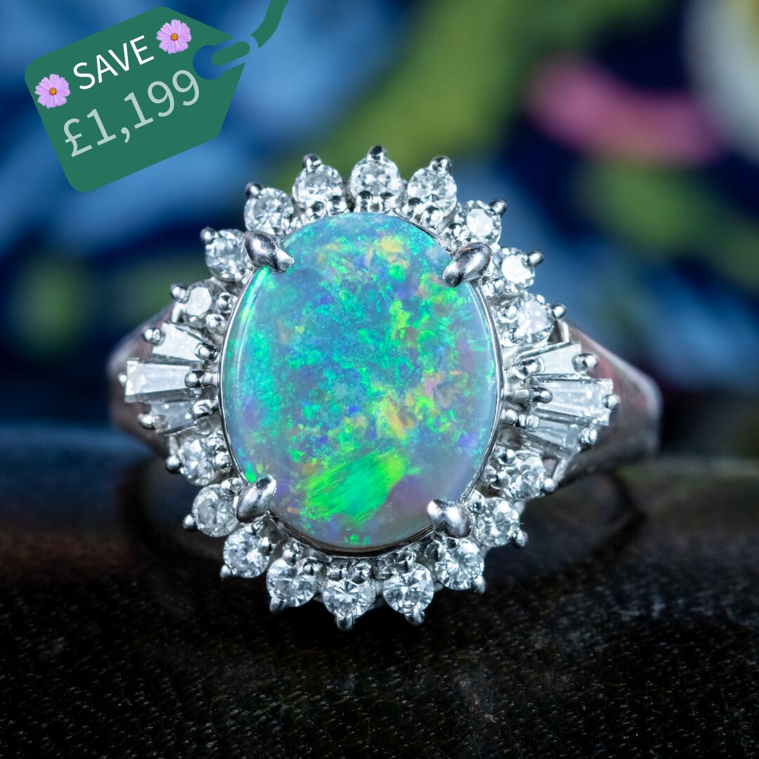 Vintage Black Opal Diamond Cluster Ring 2.64ct Natural Opal