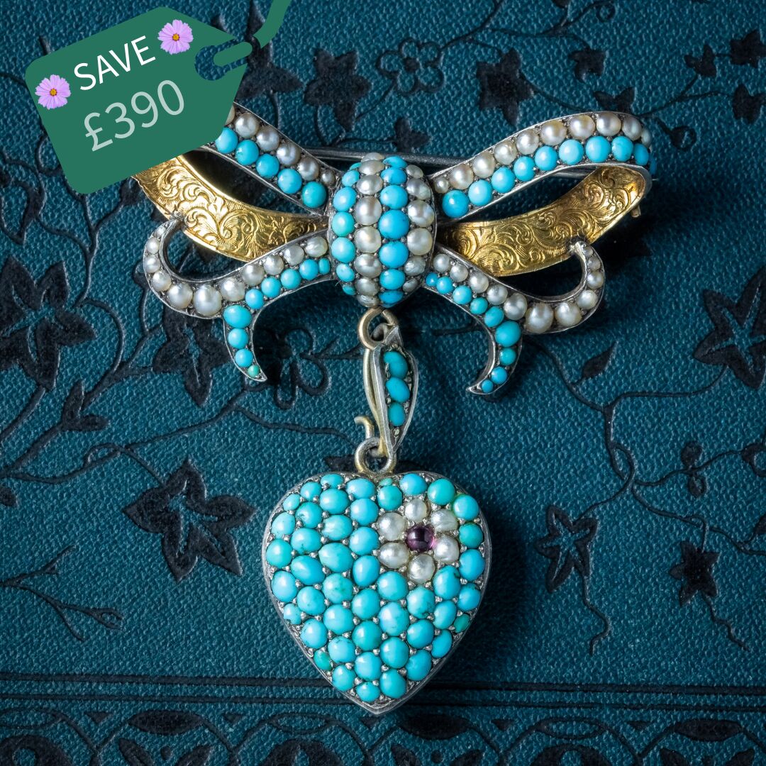 Antique Victorian Turquoise Pearl Bow Brooch And Heart Locket