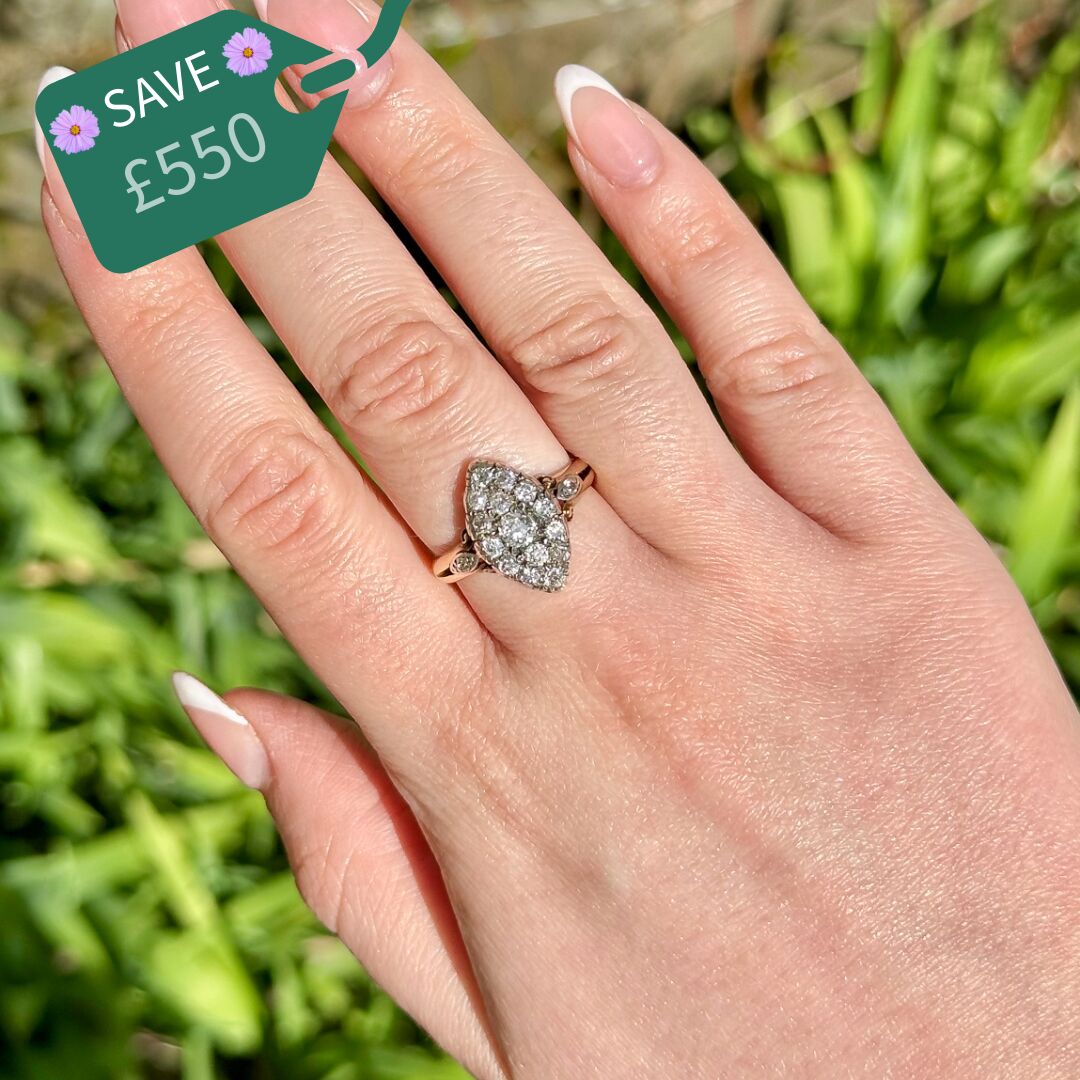 Antique Victorian Diamond Navette Cluster Ring 1ct Total