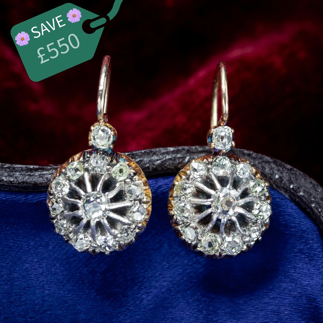 Antique Victorian Diamond Cluster Earrings Silver 15ct Gold 1.2ct Total