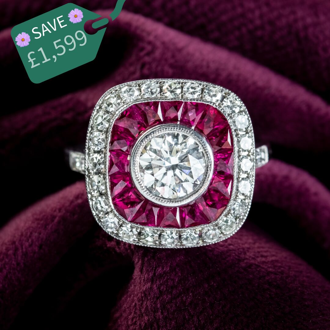 Art Deco Style Diamond Ruby Target Cluster Ring 2.5ct Of Diamond