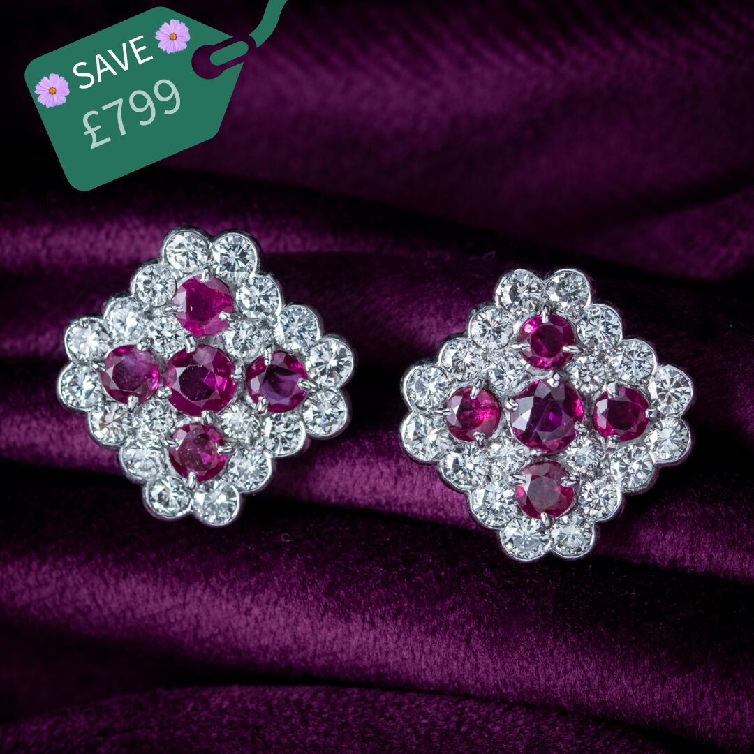 Art Deco Ruby Diamond Cluster Earrings 1.8ct Ruby 4ct Diamond