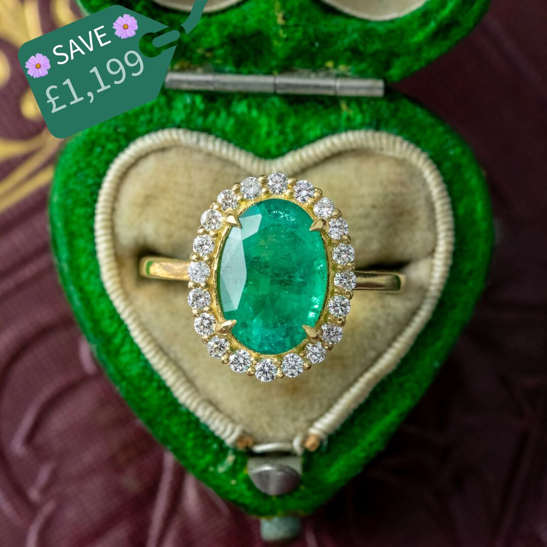 Vintage Emerald Diamond Cluster Ring 3ct Emerald