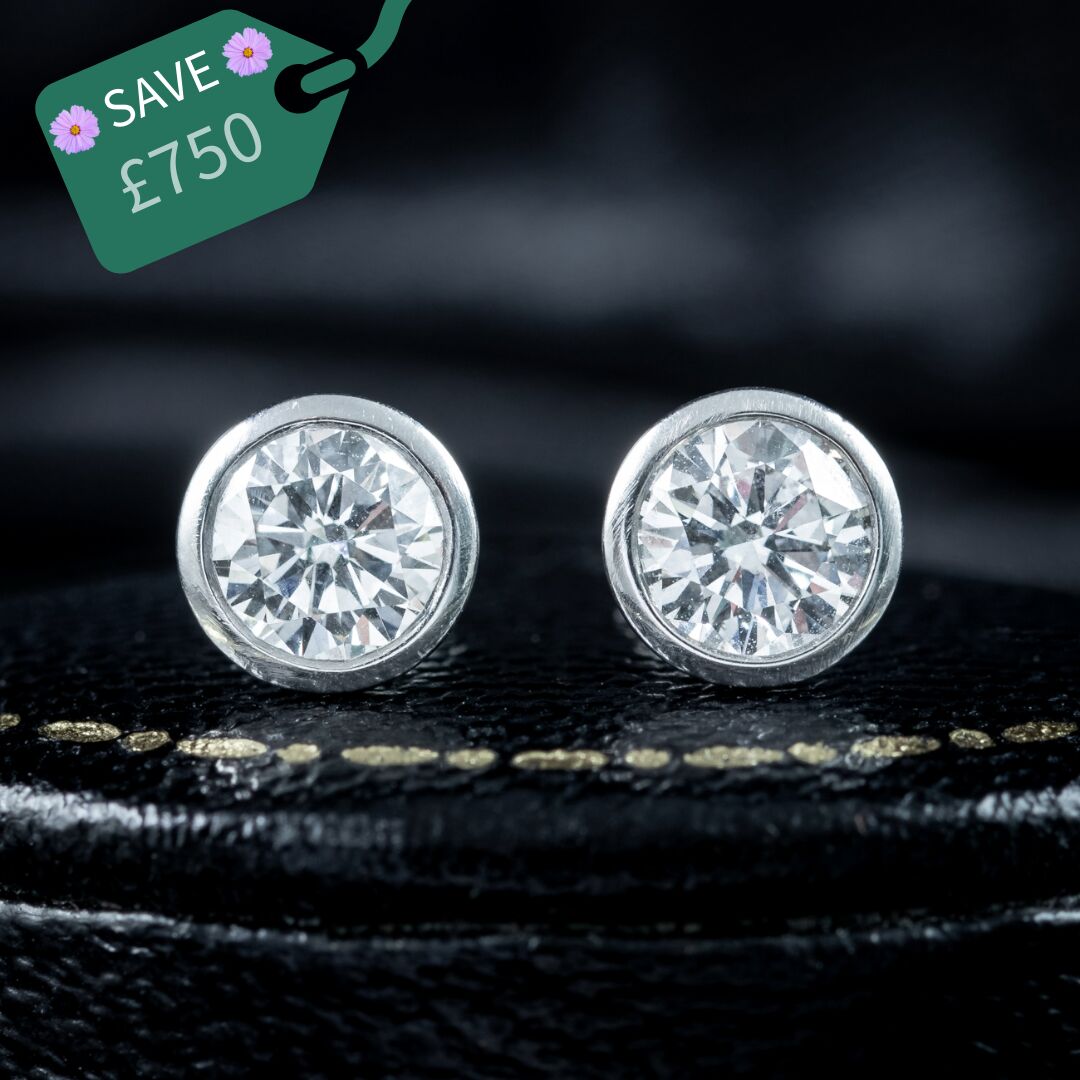 Art Deco Diamond Solitaire Stud Earrings 18ct Gold 1.2ct Total