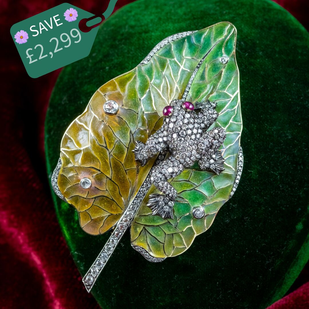 Vintage Moira Plique A Jour Diamond Ruby Frog On Leaf Brooch With Box