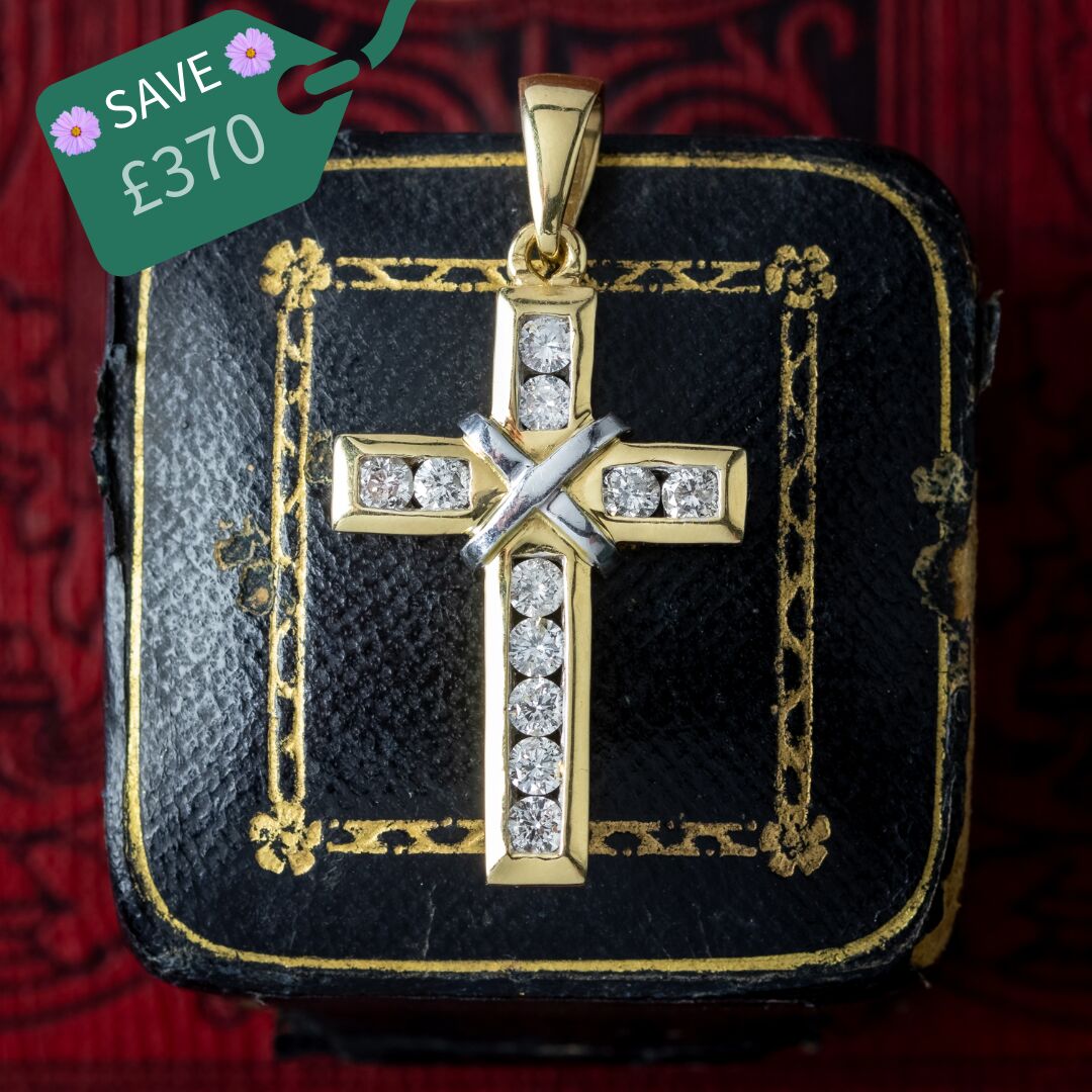 Vintage Diamond Cross Pendant 18ct Gold 0.88ct Total