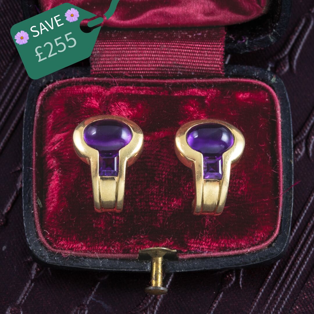 Vintage Amethyst Stud Earrings 18ct Gold