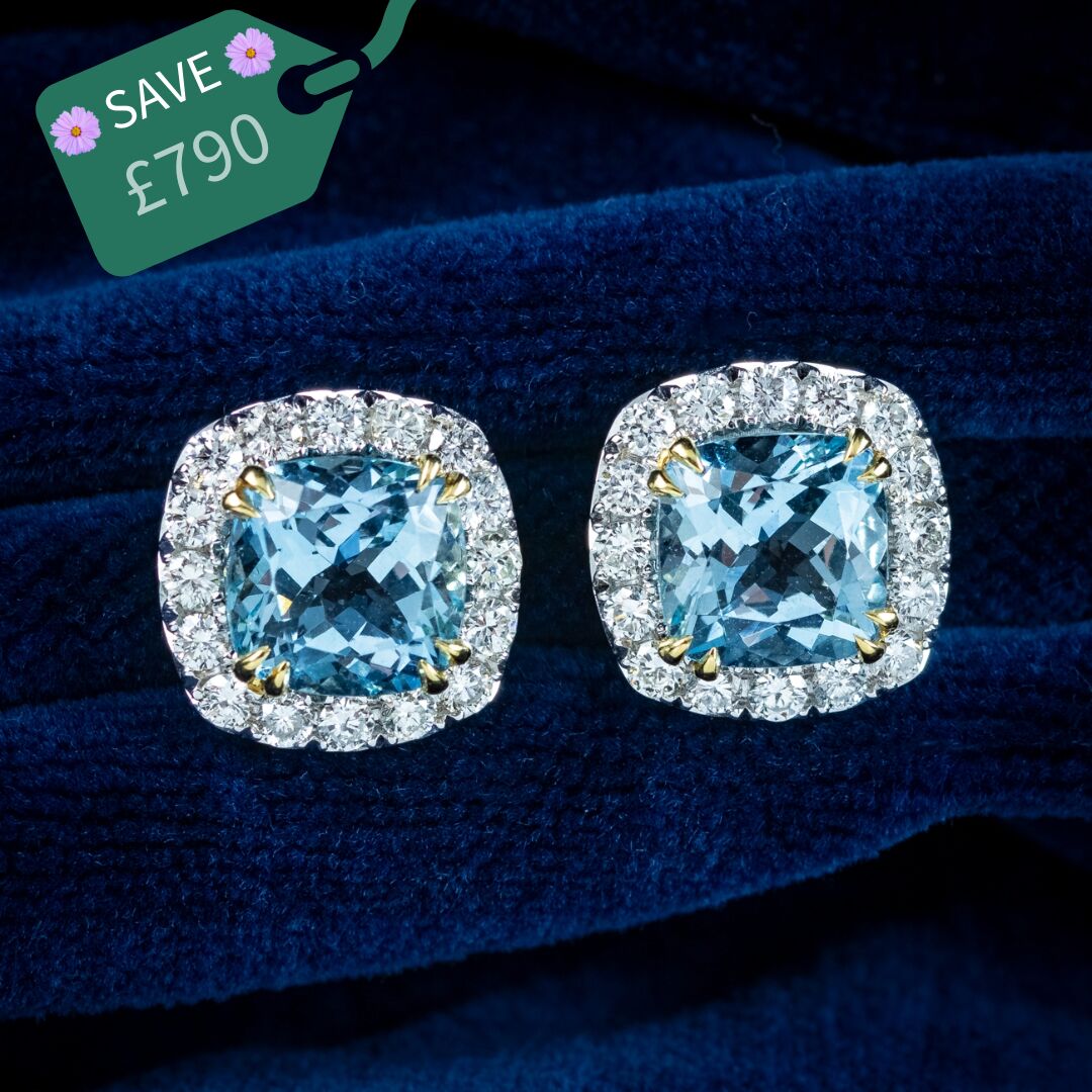 Edwardian Style Aquamarine Diamond Stud Earrings 18ct Gold 4.37ct Aquamarine