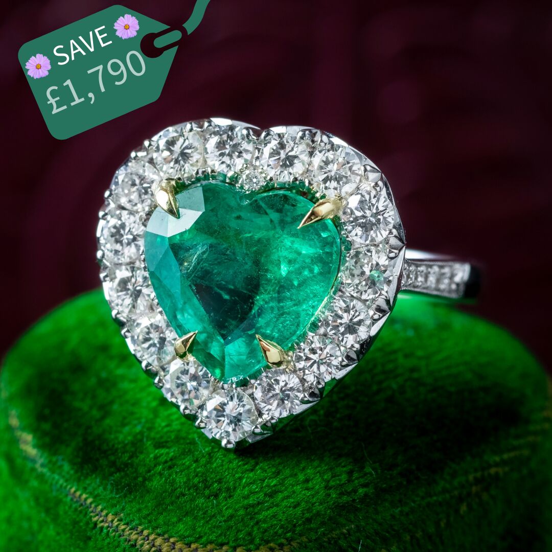 Edwardian Style Emerald Diamond Heart Ring 3.90ct Emerald