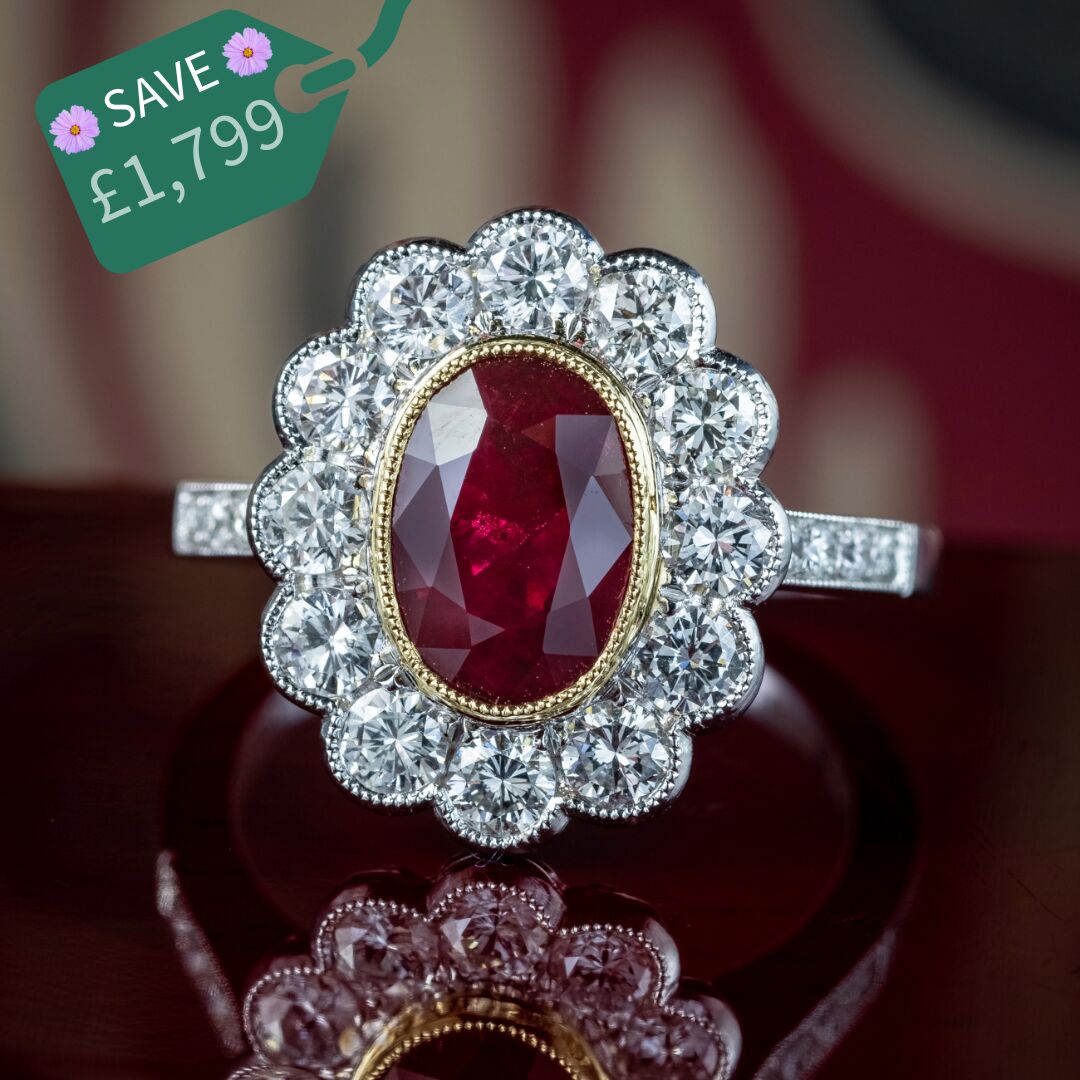 Edwardian Style Ruby Diamond Cluster Ring 2.05ct Burmese Ruby