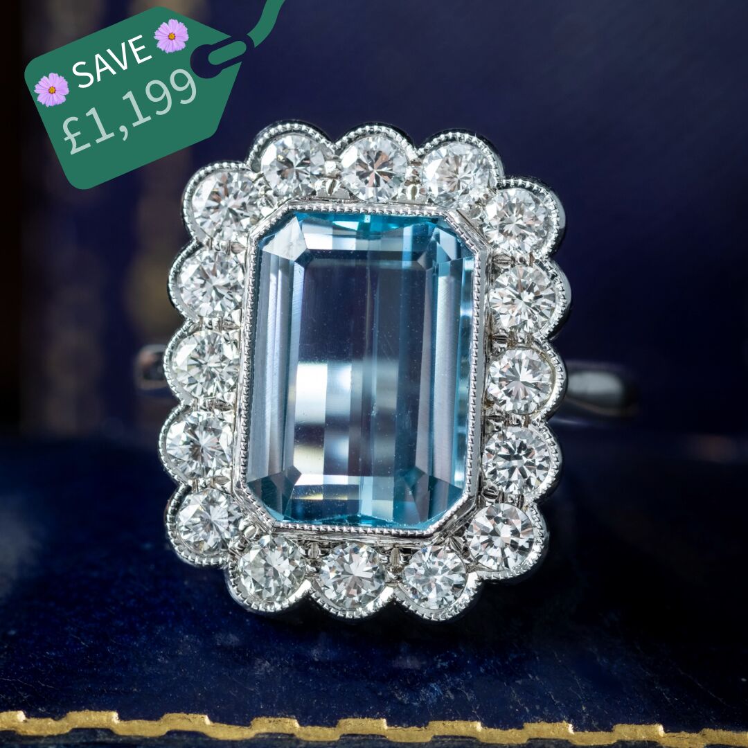 Edwardian Style Aquamarine Diamond Cluster Ring 3.93ct Aqua