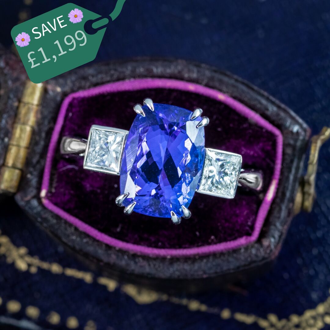 Art Deco Style Tanzanite Diamond Trilogy Ring 4.29ct Tanzanite