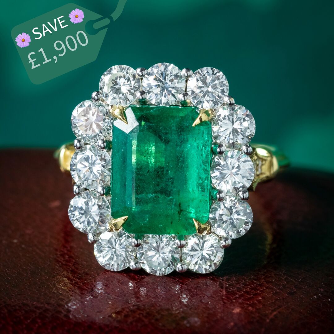 Edwardian Style Emerald Diamond Cluster Ring 3.03ct Emerald