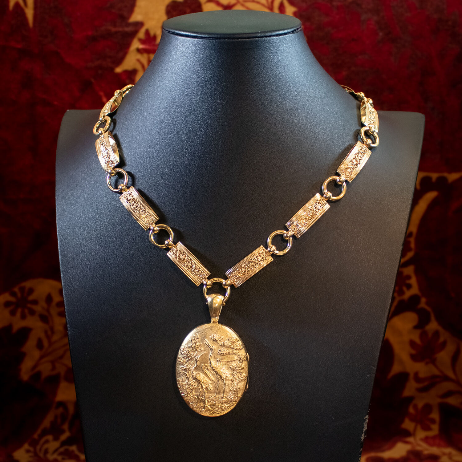 Antique Victorian Crane Locket And Collar Silver 18ct Gold Gilt