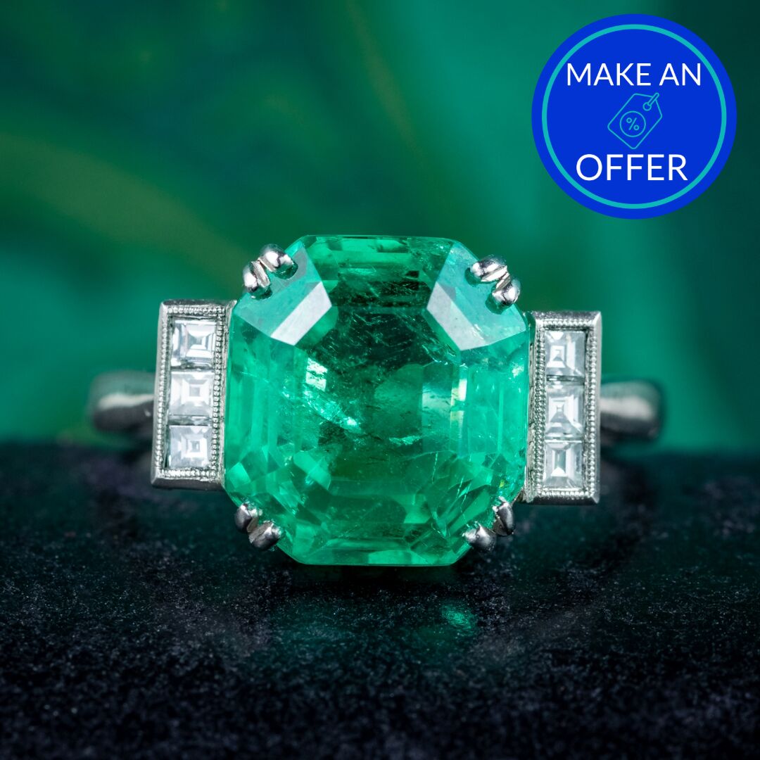 Art Deco Style Emerald Diamond Ring 6.19ct Colombian Emerald With Cert