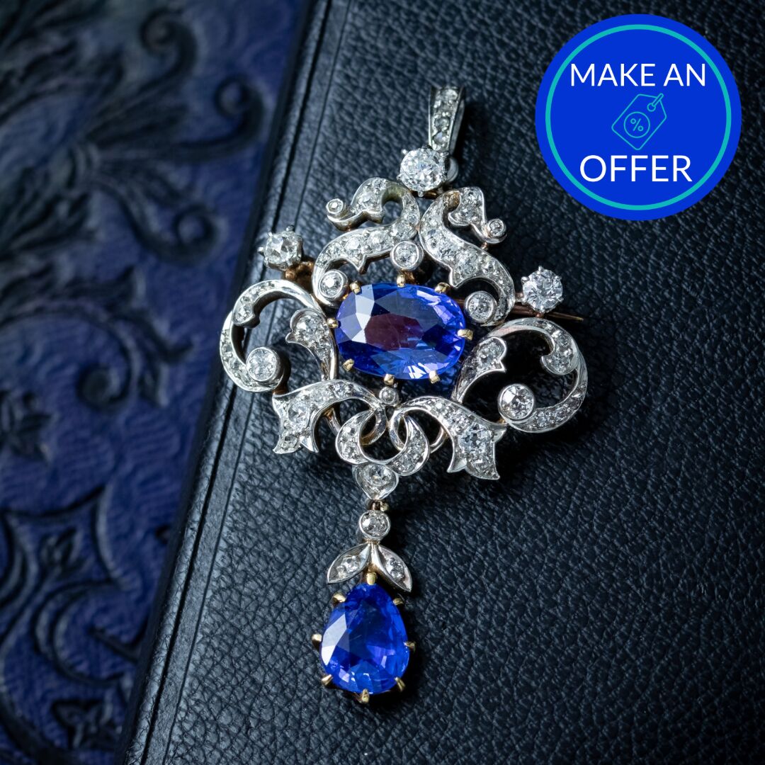 Antique Edwardian Ceylon Sapphire Diamond Pendant 6.04ct Sapphires With Cert