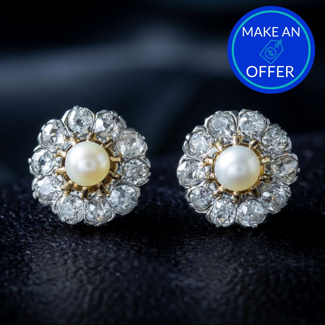 Antique Edwardian Flower Pearl and Diamond Stud Earrings with 2ct Of Diamond