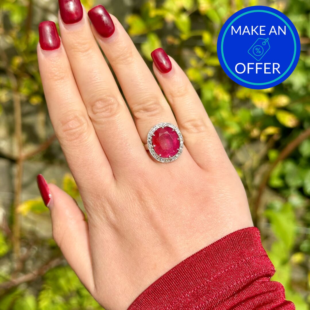 Vintage French Ruby Diamond Cluster Ring 9.2ct Burmese Ruby With Cert