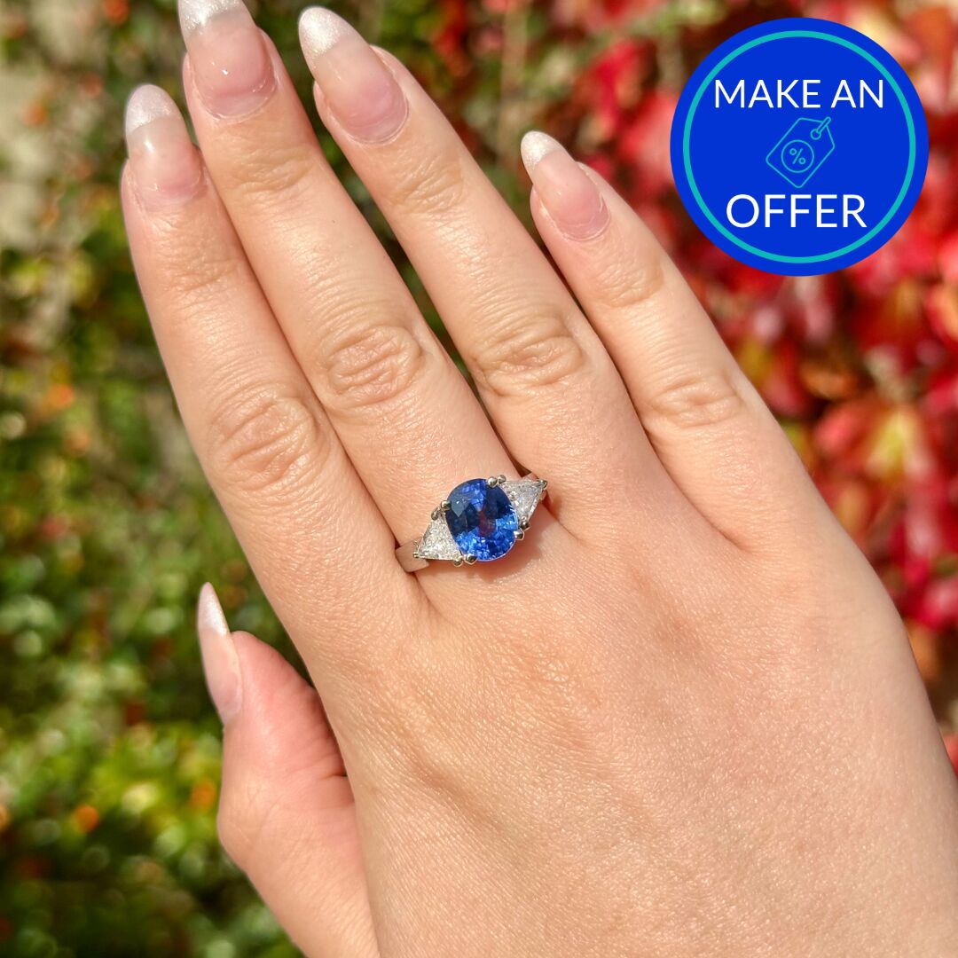 Art Deco Style Sapphire Diamond Trilogy Ring 3.7ct Sapphire With Cert