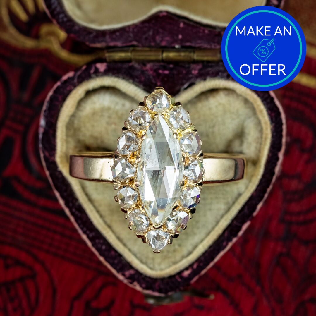 Antique Victorian Diamond Navette Cluster Ring 2ct Of Diamond