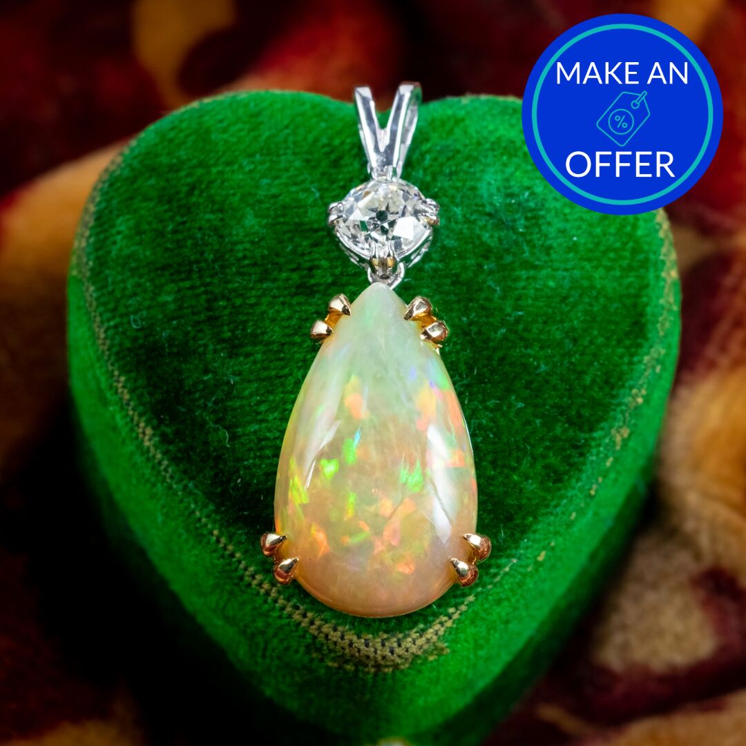 Edwardian Style Opal Diamond Pendant 18ct Gold 5.46ct Opal